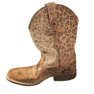 Ariat Boots Girls Size 2 Brown Leather‎ Western Leopard Cross Cowgirl Embroidery